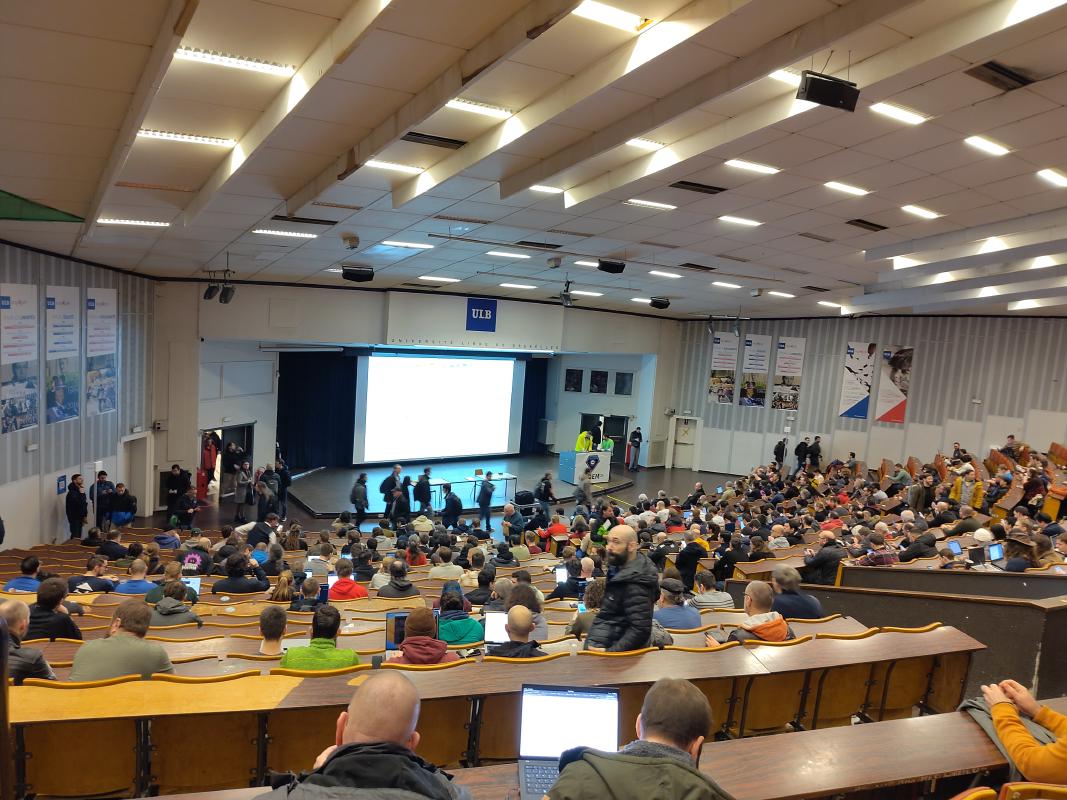 15 minutes before the keynote. The place was packed at the start of the keynote, with more people still coming in.